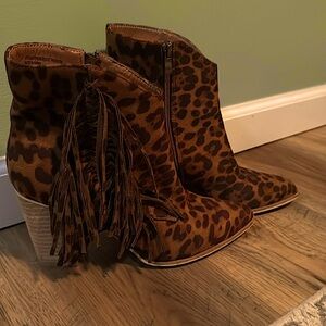 Leopard print, suede fringe booties